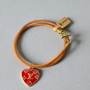 Louis Vuitton Zipper Pull Charm Gold and Red Heart Leather Band Bracelet